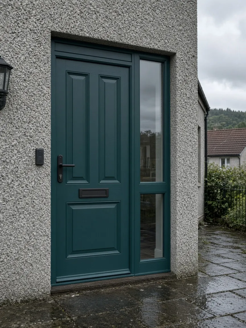 Dark grey composite front door in a sandstone doorway in Falkirk, Scotland
