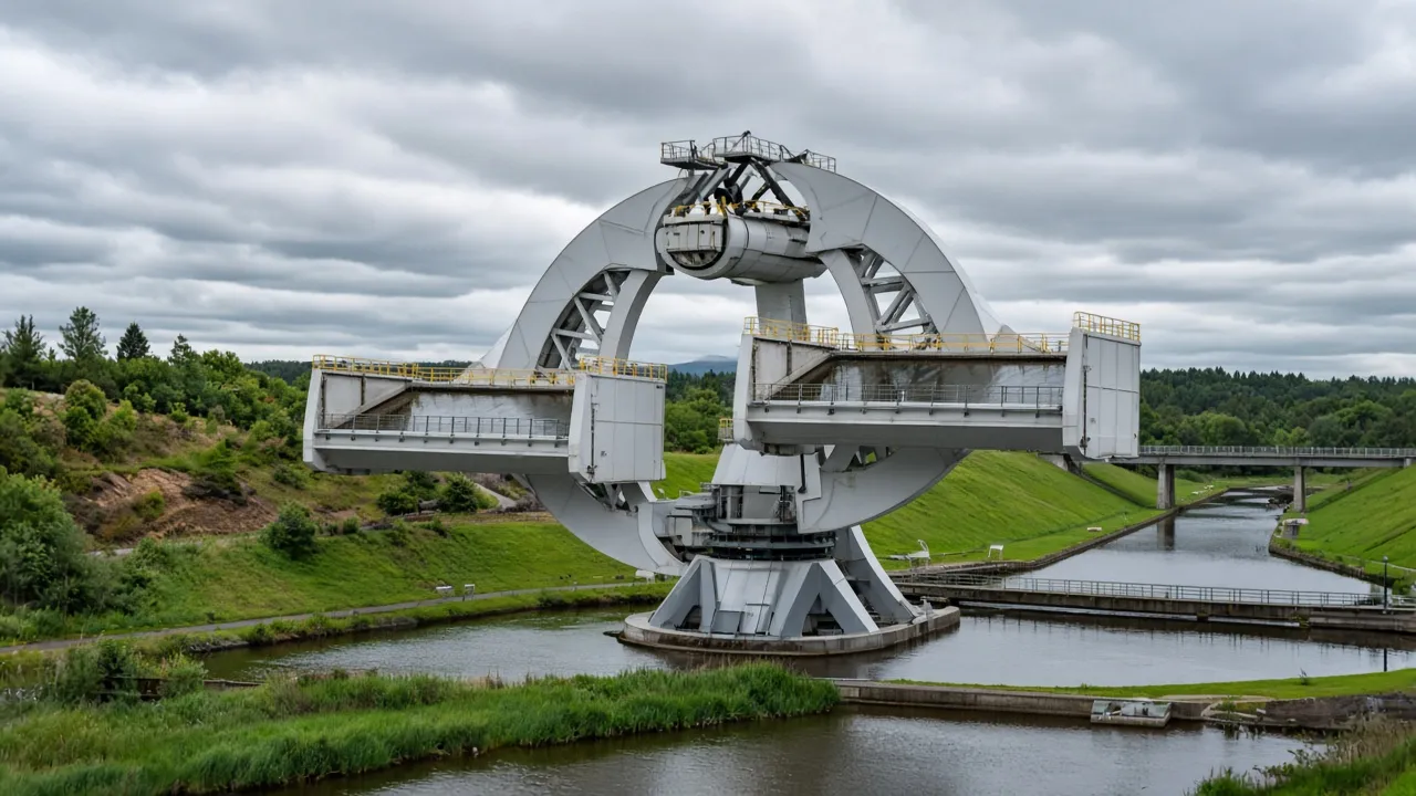 The Falkirk Wheel rotating boat lift in Falkirk, Scotland