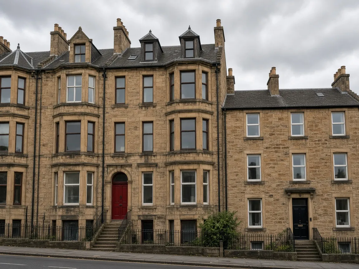 Sandstone house fronts with windows in Falkirk, Scotland