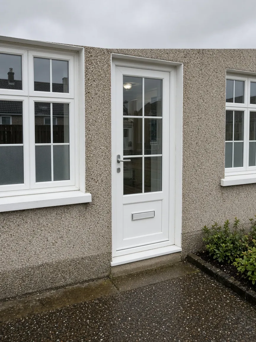 White UPVC front door on a rendered house in Falkirk, Scotland