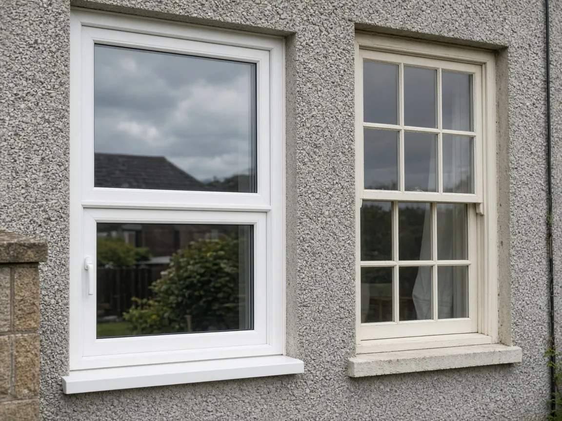 Timber-effect and white UPVC windows side by side on a sandstone wall in Falkirk, Scotland